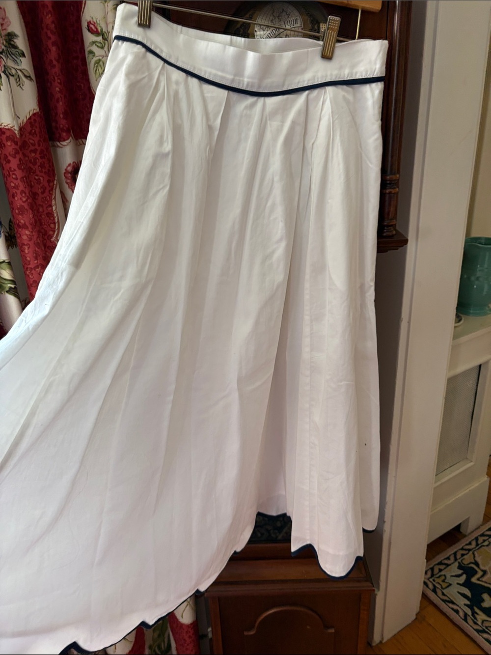 French Connection White Midi Skirt with Navy Trim and Scalloped Hem